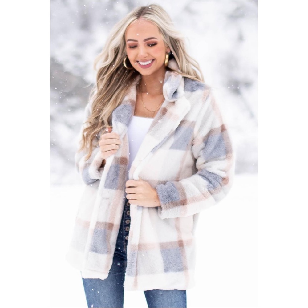 Champagne Plaid Button Up Faux Fur Jacket